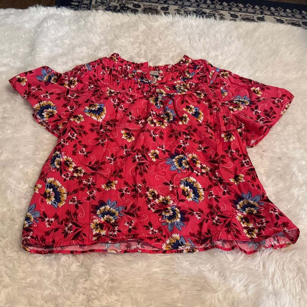 LOFT Pink Floral‎ Flutter Short Sleeve Blouse Small Petite